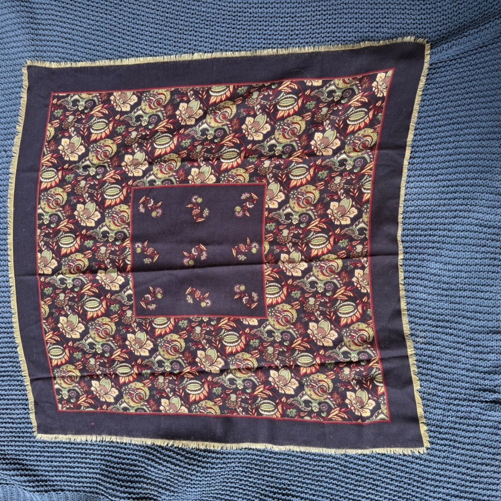 Talbots 100% Wool Scarf Italy Navy Blue Floral Paisley Fringe Square Wrap